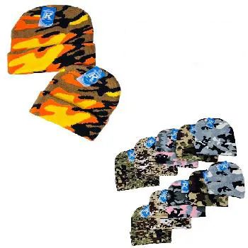 12 Bulk Adult Child Set: Knitted Cuffed Hat-Camo