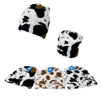 12 Bulk Adult Child Set: Knitted Cuffed Hat-Cow Print